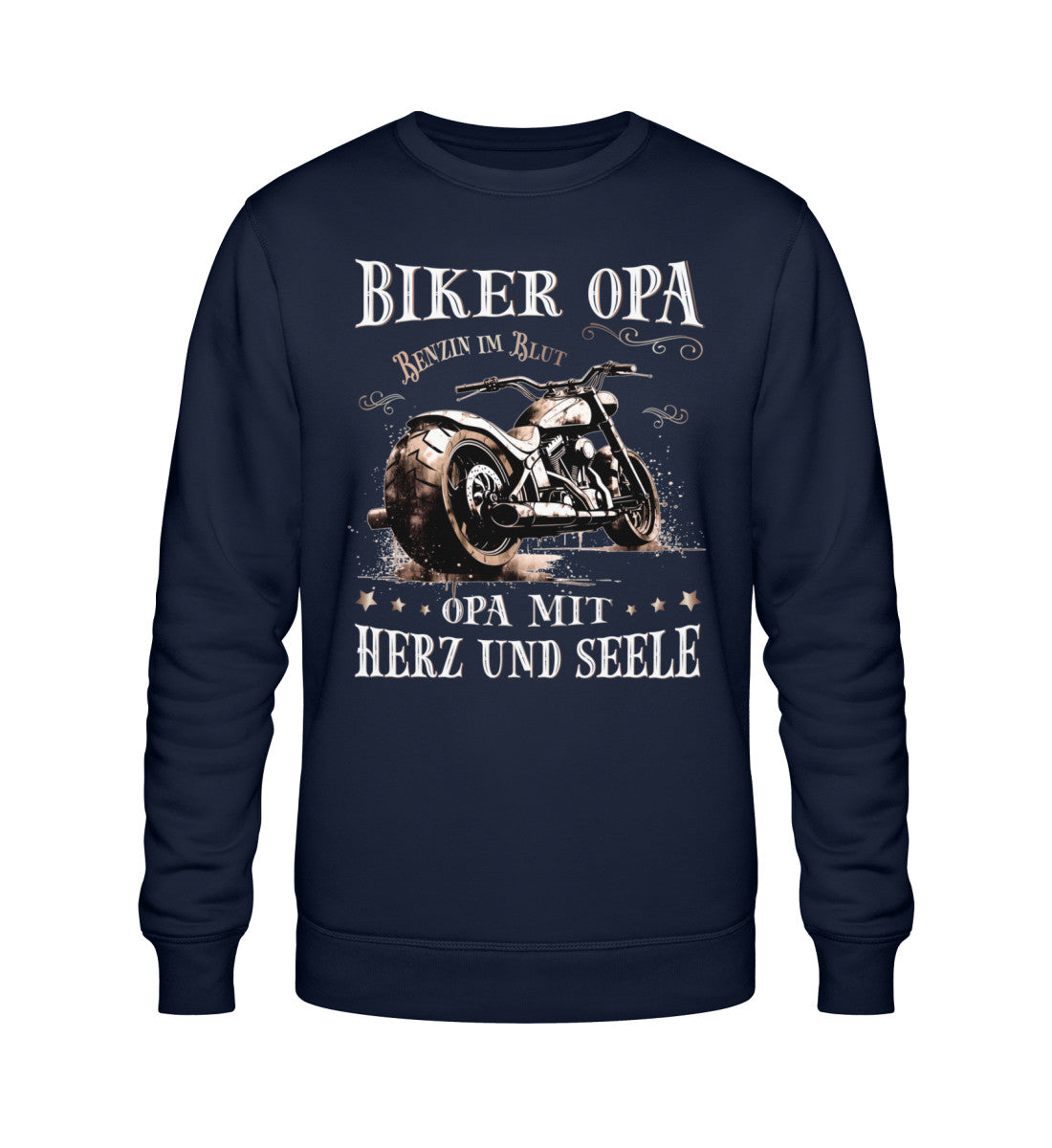 Ein Biker Sweatshirt für Motorradfahrer von Wingbikers mit dem Aufdruck, Biker Opa - Benzin im Blut - Opa mit Herz und Seele, in navy blau.