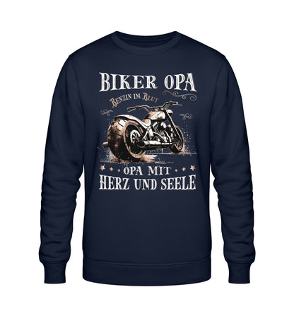 Ein Biker Sweatshirt für Motorradfahrer von Wingbikers mit dem Aufdruck, Biker Opa - Benzin im Blut - Opa mit Herz und Seele, in navy blau.