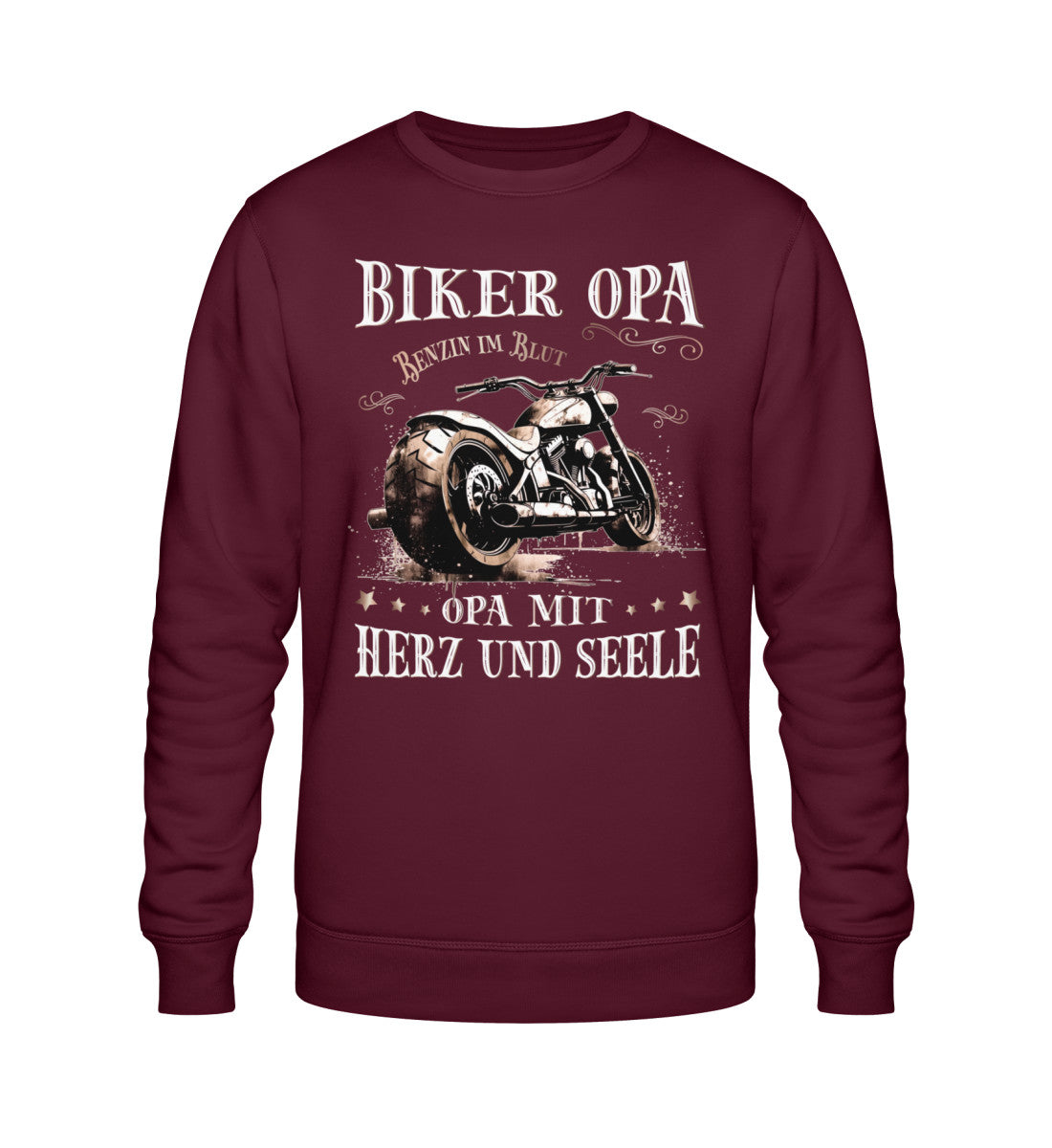 Ein Biker Sweatshirt für Motorradfahrer von Wingbikers mit dem Aufdruck, Biker Opa - Benzin im Blut - Opa mit Herz und Seele, in burgunder weinrot.