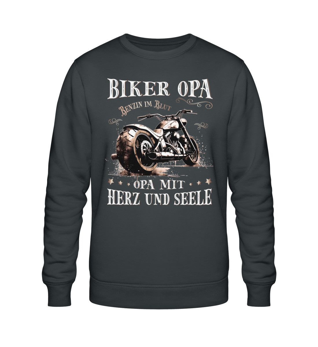 Ein Biker Sweatshirt für Motorradfahrer von Wingbikers mit dem Aufdruck, Biker Opa - Benzin im Blut - Opa mit Herz und Seele, in dunkelgrau.