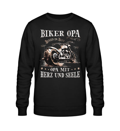 Ein Biker Sweatshirt für Motorradfahrer von Wingbikers mit dem Aufdruck, Biker Opa - Benzin im Blut - Opa mit Herz und Seele, in schwarz.