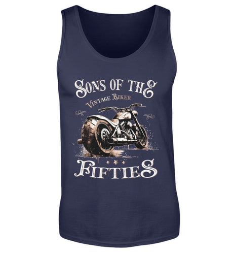 Ein Tanktop für Motorradfahrer von Wingbikers mit dem Aufdruck, Sons of the Fifties - Vintage Biker, in navy blau.