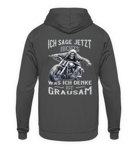 Ein Biker Hoodie für Motorradfahrer von Wingbikers mit dem Aufdruck, Ich sage jetzt nichts - Was ich denke ist grausam - mit Back Print, in stahlgrau.