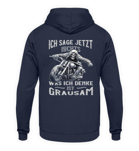Ein Biker Hoodie für Motorradfahrer von Wingbikers mit dem Aufdruck, Ich sage jetzt nichts - Was ich denke ist grausam - mit Back Print, in navy.