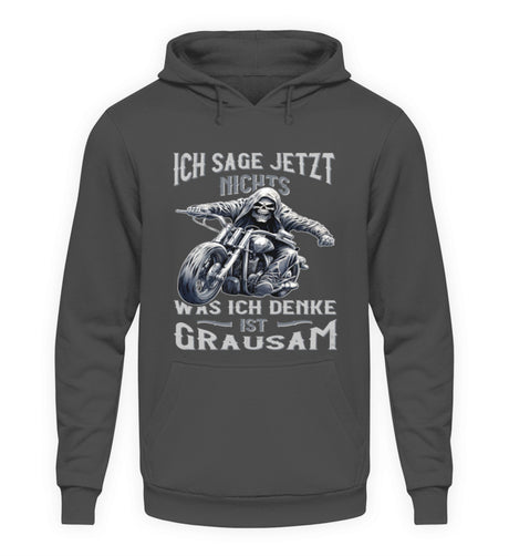 Ein Biker Hoodie für Motorradfahrer von Wingbikers mit dem Aufdruck, Ich sage jetzt nichts - Was ich denke ist grausam - in stahlgrau.