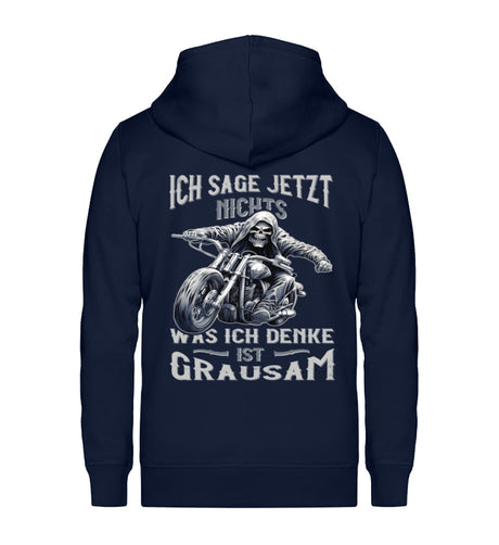 Ein Biker Zip-Hoodie für Motorradfahrer von Wingbikers mit dem Aufdruck, Ich sage jetzt nichts - Was ich denke ist grausam - in navy.