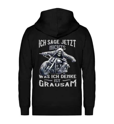 Ein Biker Zip-Hoodie für Motorradfahrer von Wingbikers mit dem Aufdruck, Ich sage jetzt nichts - Was ich denke ist grausam - in schwarz.