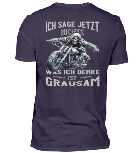 Ein Biker T-Shirt für Motorradfahrer von Wingbikers mit dem Aufdruck, Ich sage jetzt nichts - Was ich denke ist grausam - mit Back Print, in aubergine.