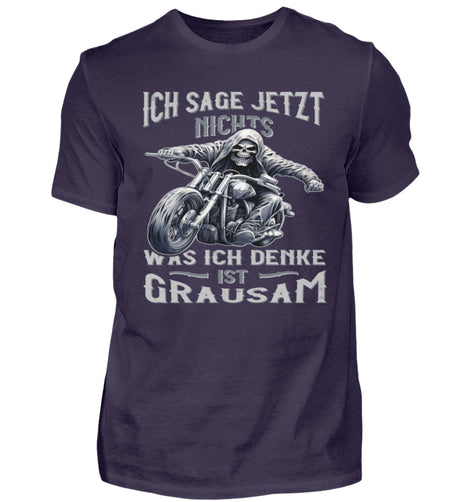 Ein Biker T-Shirt für Motorradfahrer von Wingbikers mit dem Aufdruck, Ich sage jetzt nichts - Was ich denke ist grausam - in aubergine.