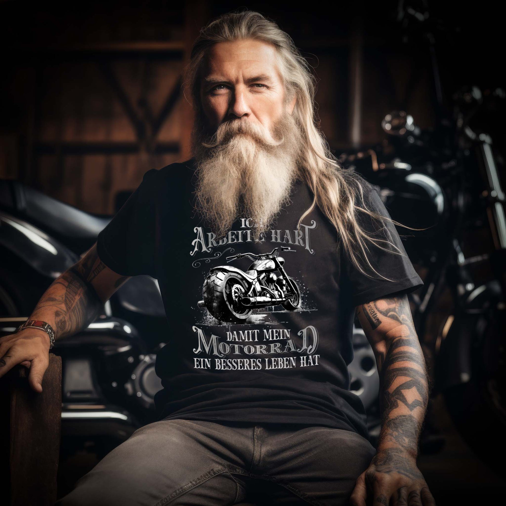 Ein Motorradfahrer mit einem Biker T-Shirt mit dem Aufdruck, Ich arbeite hart, damit mein Motorrad ein besseres Leben hat, in schwarz.