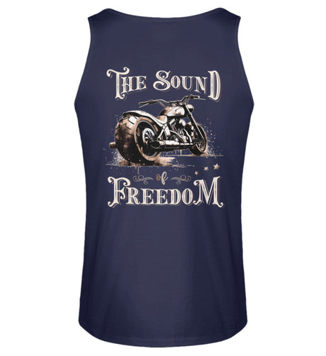 Ein Motorrad Tanktop für Motorradfahrer von Wingbikers mit dem Aufdruck, The Sound of Freedom, mit Back Print, in navy blau.