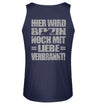 Ein Biker Tanktop für Motorradfahrer von Wingbikers mit dem Aufdruck, Hier wird Benzin noch mit Liebe verbrannt - mit Back Print, in navy blau.