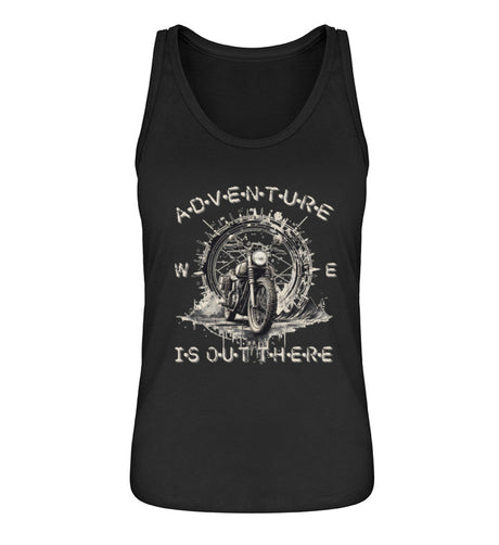 Ein Tanktop für Motorradfahrerinnen von Wingbikers mit dem Aufdruck, Adventure Is Out There, in schwarz.