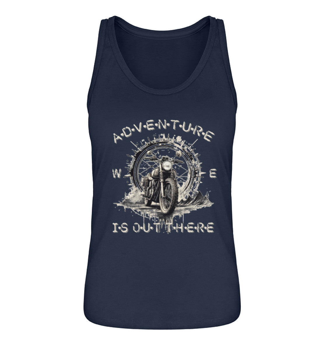 Ein Tanktop für Motorradfahrerinnen von Wingbikers mit dem Aufdruck, Adventure Is Out There, in navy blau.