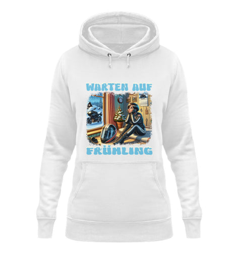 Ein Damen Hoodie für Motorradfahrerinnen von Wingbikers mit dem Aufdruck, Warten auf Frühling, in weiß.