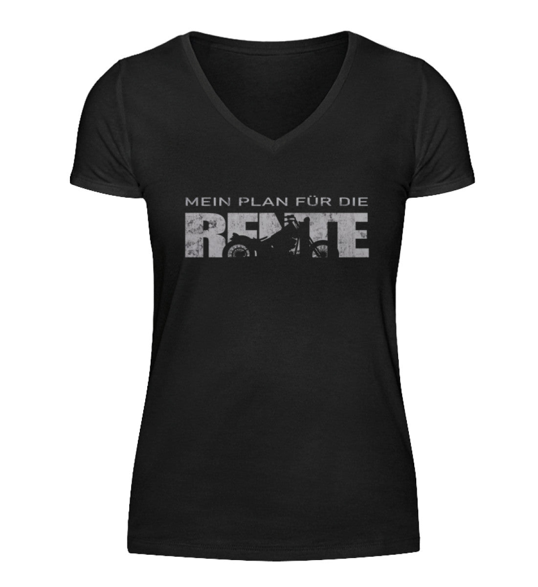 Ein Damen T-Shirt mit V-Ausschnitt für Motorradfahrerinnen von Wingbikers mit dem Aufdruck, Mein Plan für die Rente - in schwarz.