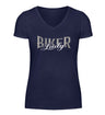 Ein T-Shirt mit V-Ausschnitt für Motorradfahrerinnen von Wingbikers mit dem Aufdruck, Biker Lady, in navy blau.