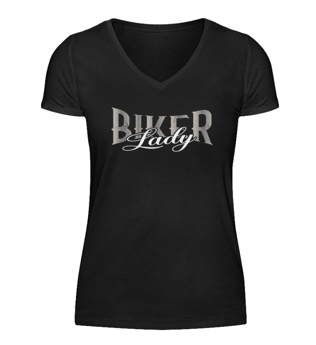 Ein T-Shirt mit V-Ausschnitt für Motorradfahrerinnen von Wingbikers mit dem Aufdruck, Biker Lady, in schwarz.