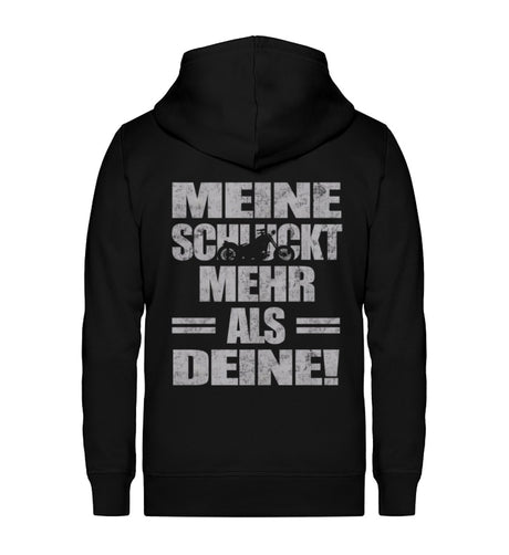 Eine Reißverschluss-Jacke für Motorradfahrer von Wingbikers mit dem Aufdruck, Meine schluckt mehr als deine! mit einem Motorrad, in schwarz.