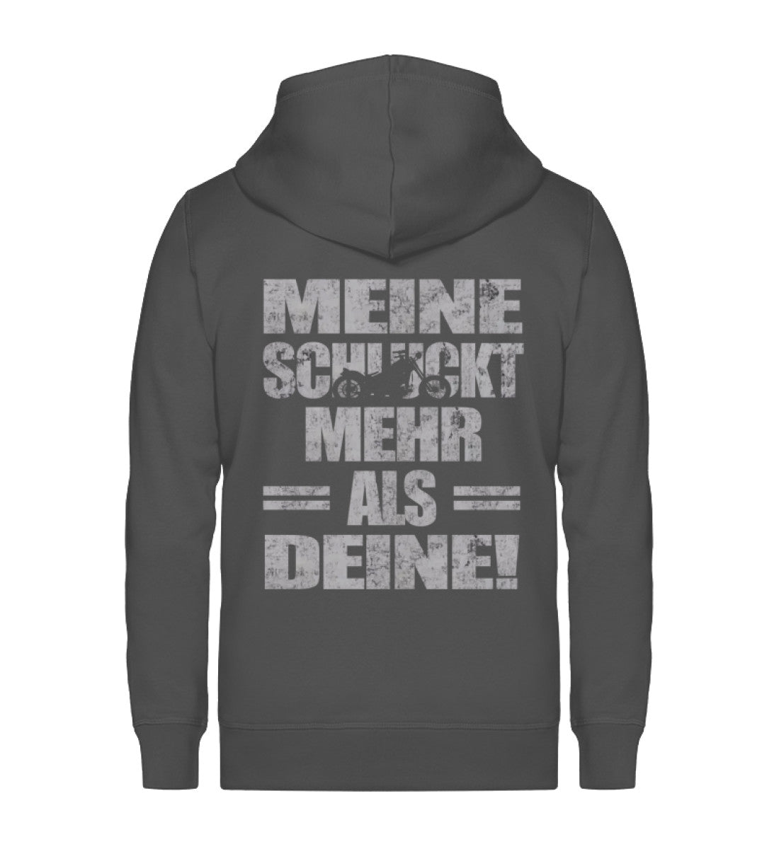 Eine Reißverschluss-Jacke für Motorradfahrer von Wingbikers mit dem Aufdruck, Meine schluckt mehr als deine! mit einem Motorrad, in dunkelgrau.