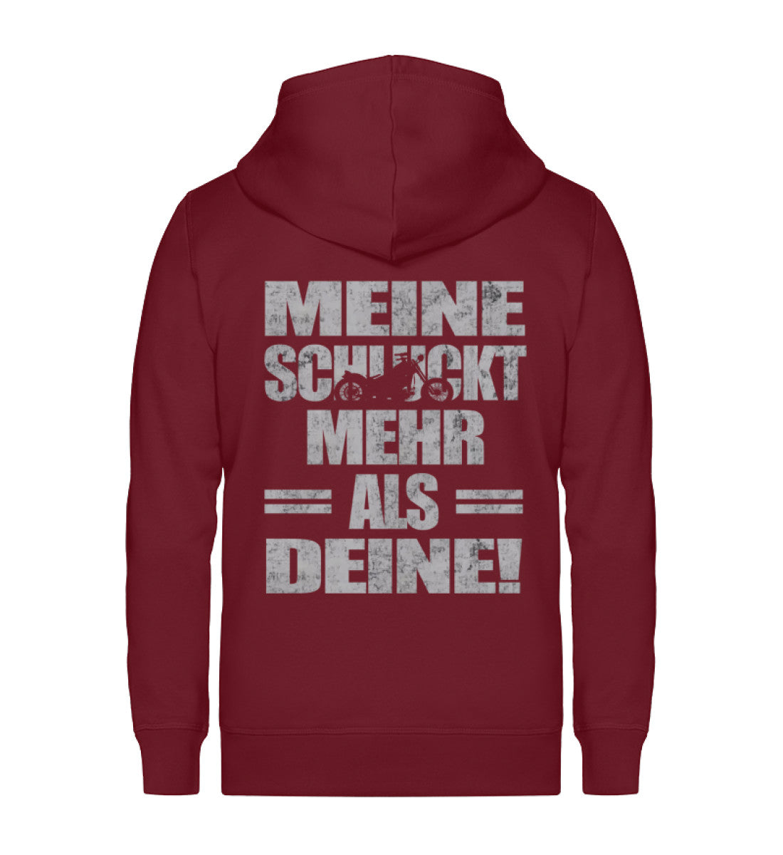 Eine Reißverschluss-Jacke für Motorradfahrer von Wingbikers mit dem Aufdruck, Meine schluckt mehr als deine! mit einem Motorrad, in burgunder weinrot.