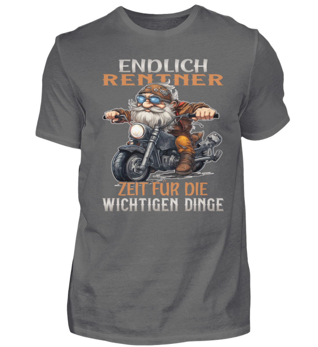 Ein T-Shirt für Motorradfahrer von Wingbikers mit dem Aufdruck, Endlich Rente, Zeit für die wichtigen Dinge, in dunkelgrau.