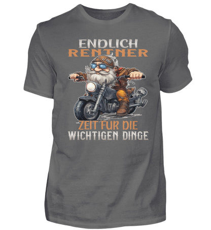 Ein T-Shirt für Motorradfahrer von Wingbikers mit dem Aufdruck, Endlich Rente, Zeit für die wichtigen Dinge, in dunkelgrau.