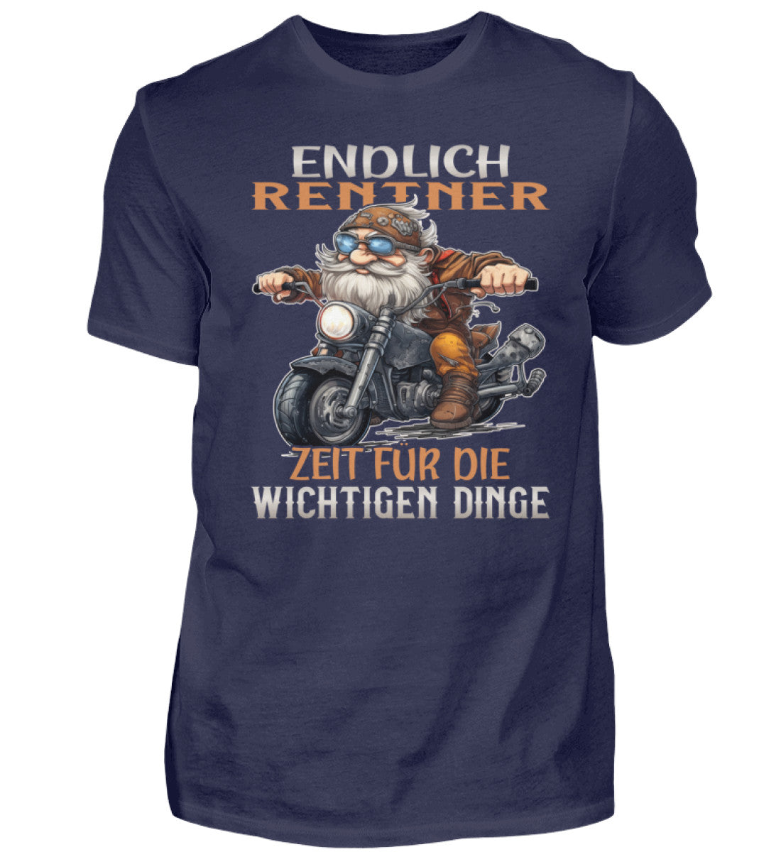 Ein T-Shirt für Motorradfahrer von Wingbikers mit dem Aufdruck, Endlich Rente, Zeit für die wichtigen Dinge, in navy blau.
