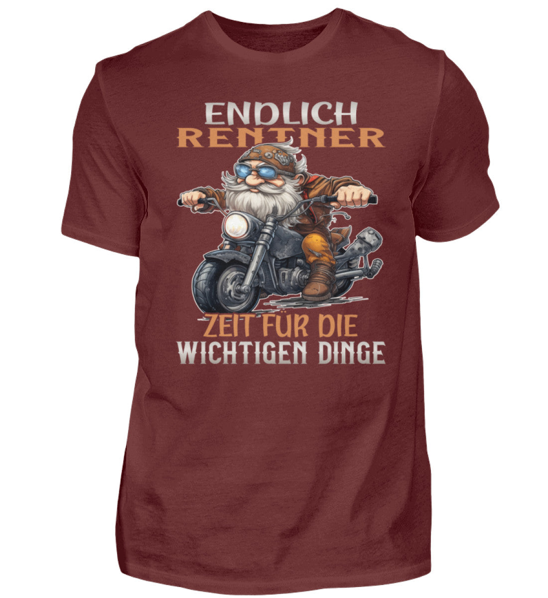 Ein T-Shirt für Motorradfahrer von Wingbikers mit dem Aufdruck, Endlich Rente, Zeit für die wichtigen Dinge, in weinrot.