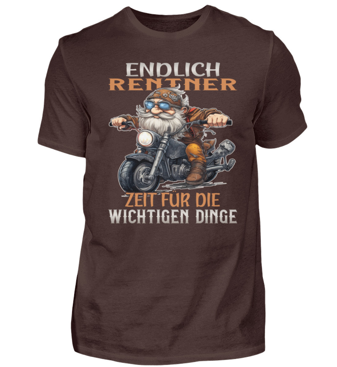 Ein T-Shirt für Motorradfahrer von Wingbikers mit dem Aufdruck, Endlich Rente, Zeit für die wichtigen Dinge, in braun.