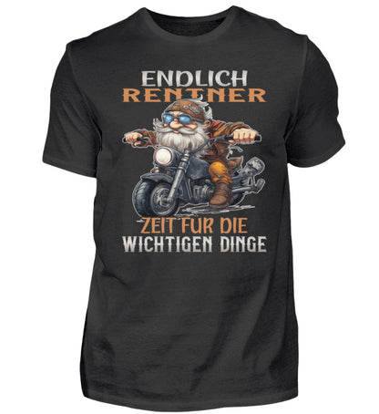 Ein T-Shirt für Motorradfahrer von Wingbikers mit dem Aufdruck, Endlich Rente, Zeit für die wichtigen Dinge, in schwarz.