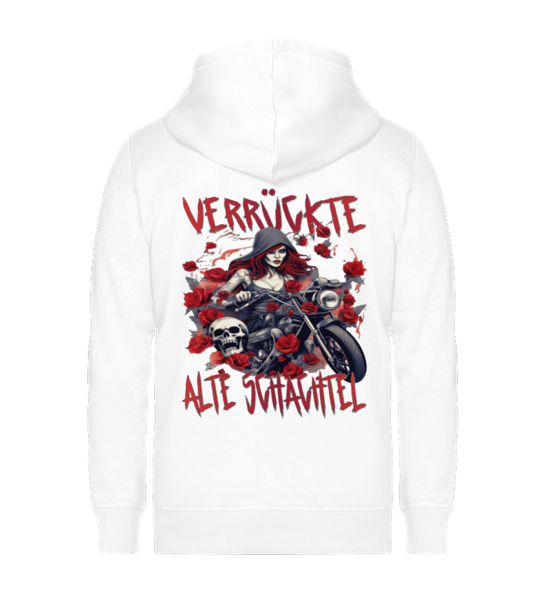 Eine Reißverschluss-Jacke Sweatshirt für Motorradfahrerinnen von Wingbikers mit dem Aufdruck, Verrückte alte Schachtel, als Back Print, in weiß.