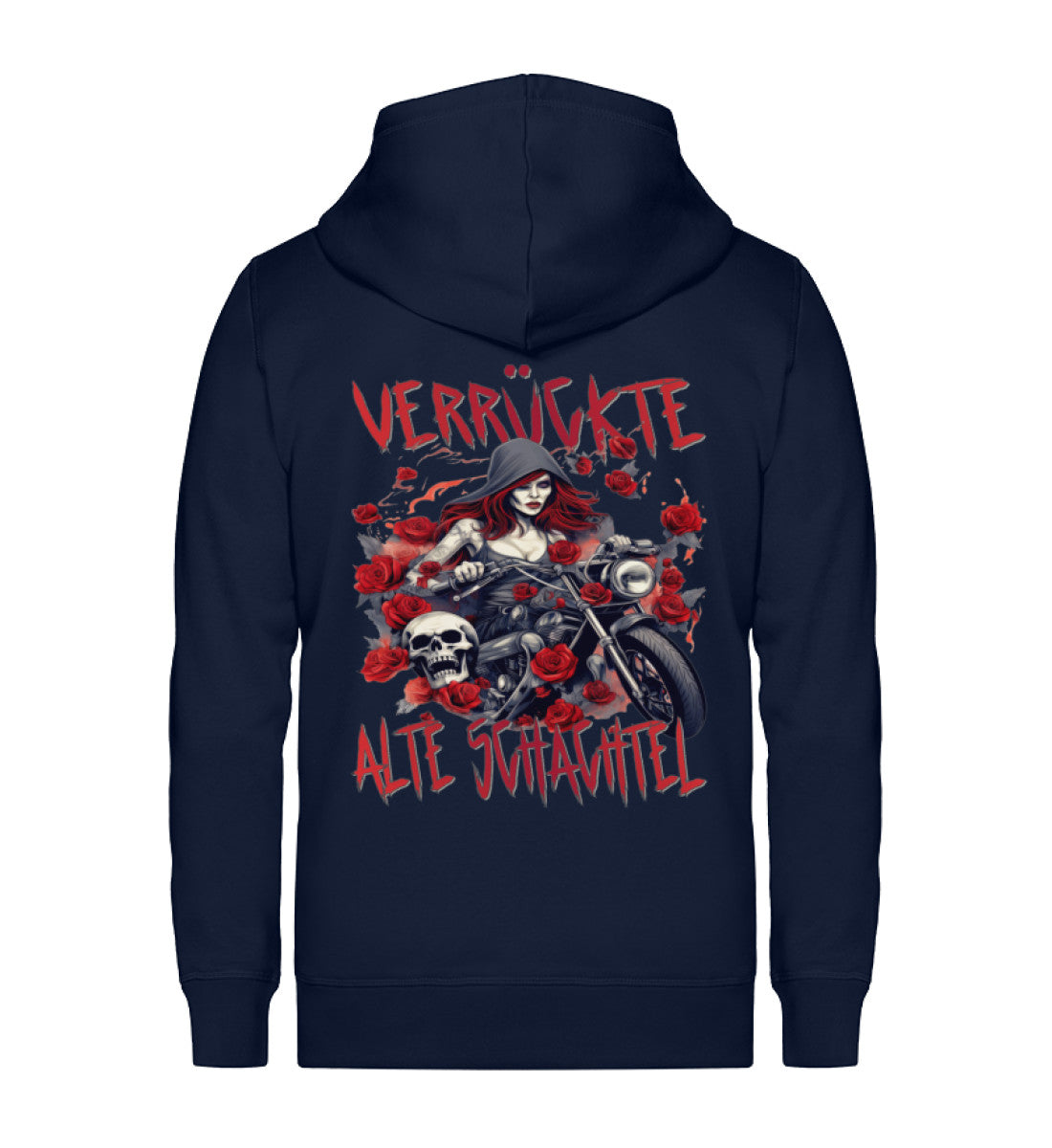 Eine Reißverschluss-Jacke Sweatshirt für Motorradfahrerinnen von Wingbikers mit dem Aufdruck, Verrückte alte Schachtel, als Back Print, in navy blau.