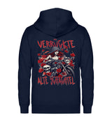 Eine Reißverschluss-Jacke Sweatshirt für Motorradfahrerinnen von Wingbikers mit dem Aufdruck, Verrückte alte Schachtel, als Back Print, in navy blau.