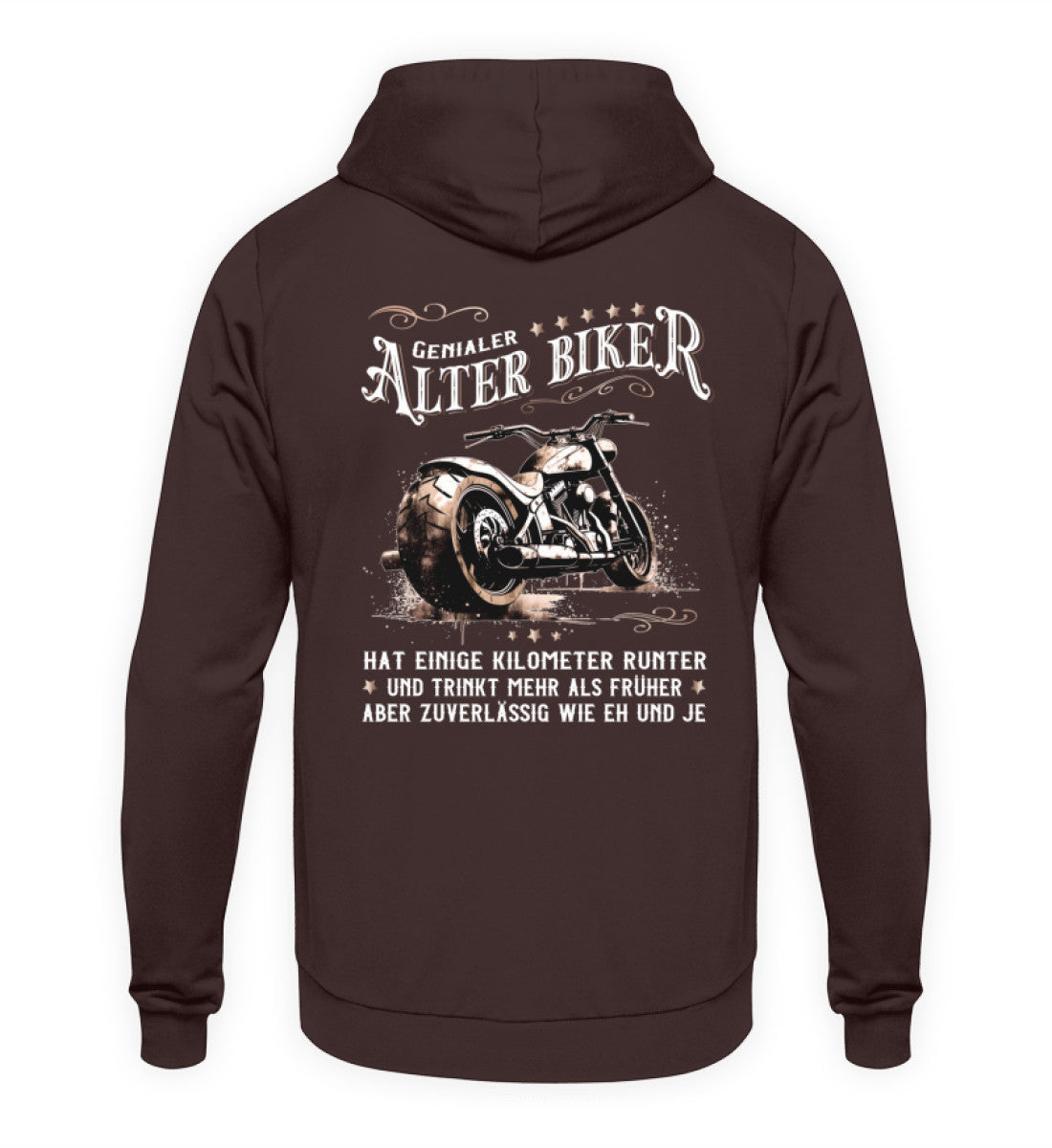 Ein Biker Hoodie für Motorradfahrer von Wingbikers mit dem Aufdruck, Alter Biker - Einige Kilometer runter, trinkt mehr - aber zuverlässig wie eh und je - mit Back Print, in braun.