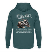 Ein Biker Hoodie für Motorradfahrer von Wingbikers mit dem Aufdruck, Alter Biker - Einige Kilometer runter, trinkt mehr - aber zuverlässig wie eh und je - mit Back Print, in petrol türkis.