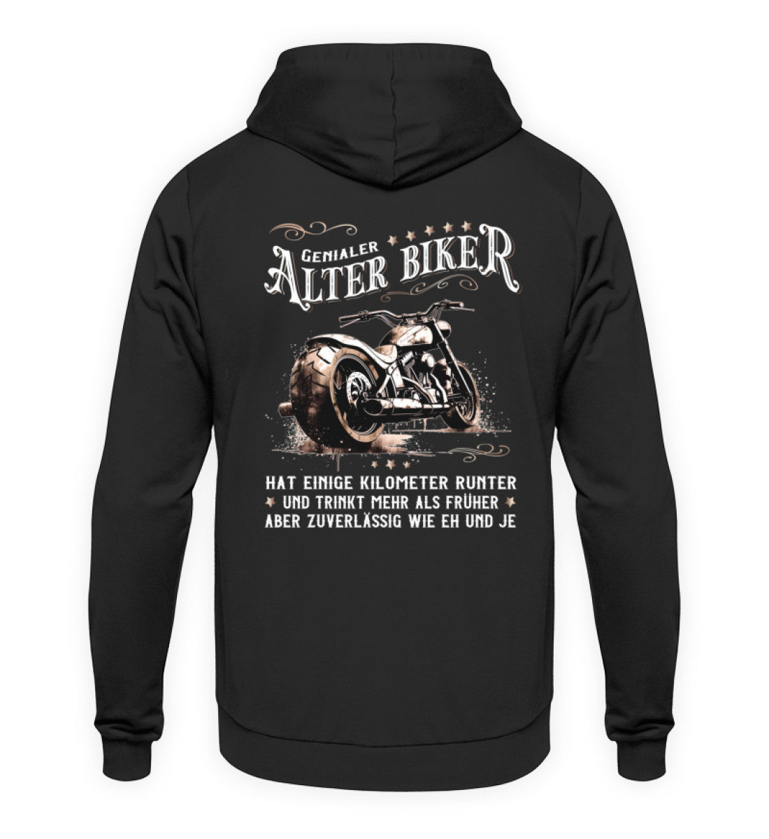 Ein Biker Hoodie für Motorradfahrer von Wingbikers mit dem Aufdruck, Alter Biker - Einige Kilometer runter, trinkt mehr - aber zuverlässig wie eh und je - mit Back Print, in schwarz.