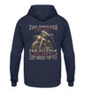 Ein Biker Hoodie für Motorradfahrer von Wingbikers mit dem Aufdruck, Zum Arbeiten zu alt, zum Sterben zu jung - Zum Biken top fit, als Back Print - in navy blau.