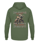 Ein Biker Hoodie für Motorradfahrer von Wingbikers mit dem Aufdruck, Zum Arbeiten zu alt, zum Sterben zu jung - Zum Biken top fit, als Back Print - in erdgrün.