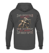 Ein Biker Hoodie für Motorradfahrer von Wingbikers mit dem Aufdruck, Zum Arbeiten zu alt, zum Sterben zu jung - Zum Biken top fit, als Back Print - in dunkelgrau.