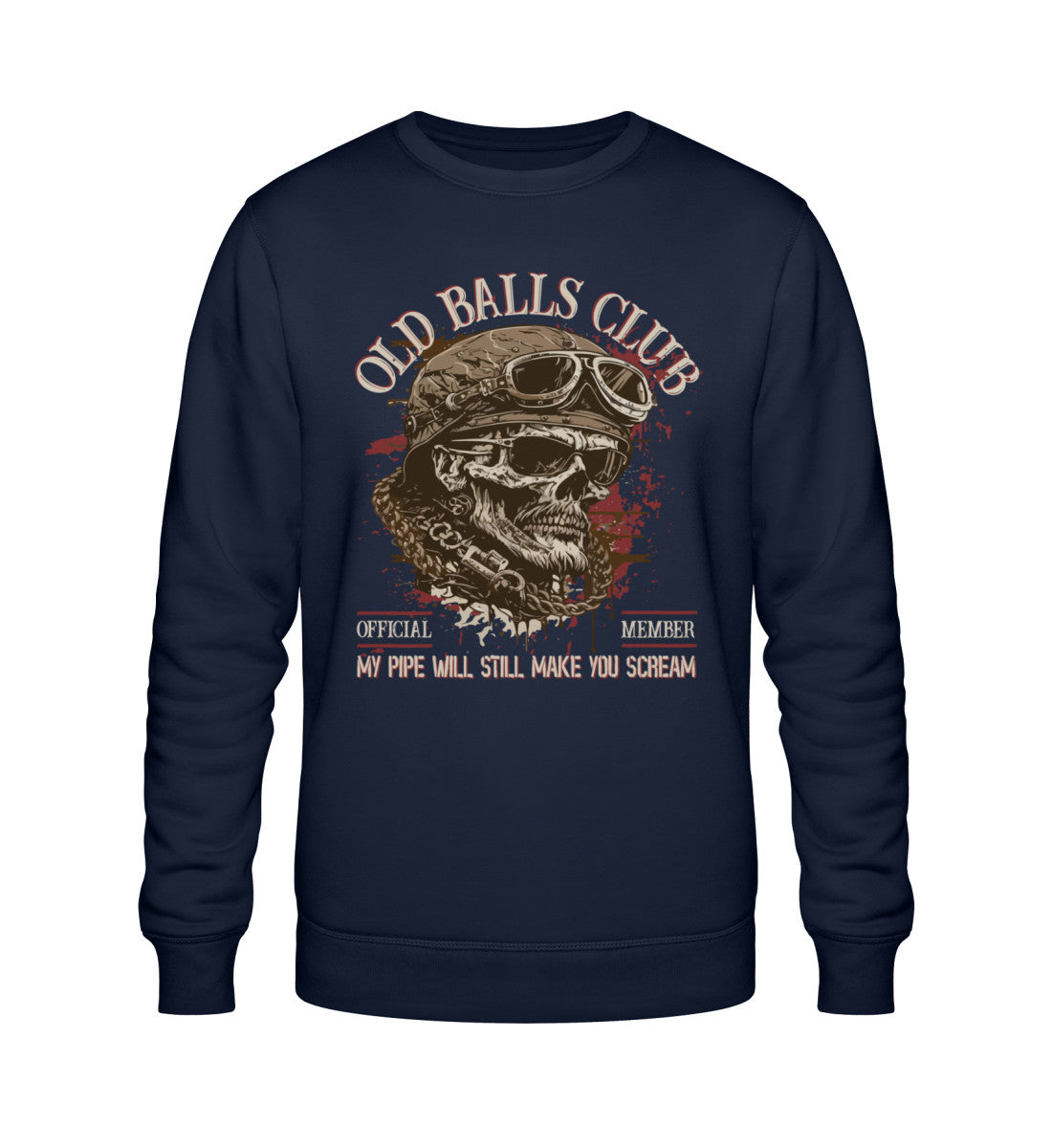 Ein Sweatshirt für Motorradfahrer von Wingbikers mit dem Aufdruck, Old Balls Club - My Pipe Will Still Make You Scream, in navy blau.