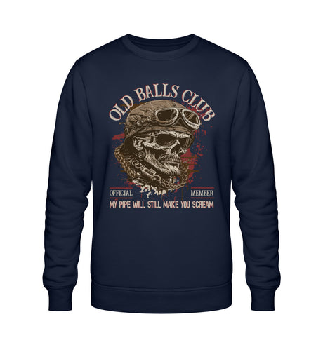 Ein Sweatshirt für Motorradfahrer von Wingbikers mit dem Aufdruck, Old Balls Club - My Pipe Will Still Make You Scream, in navy blau.