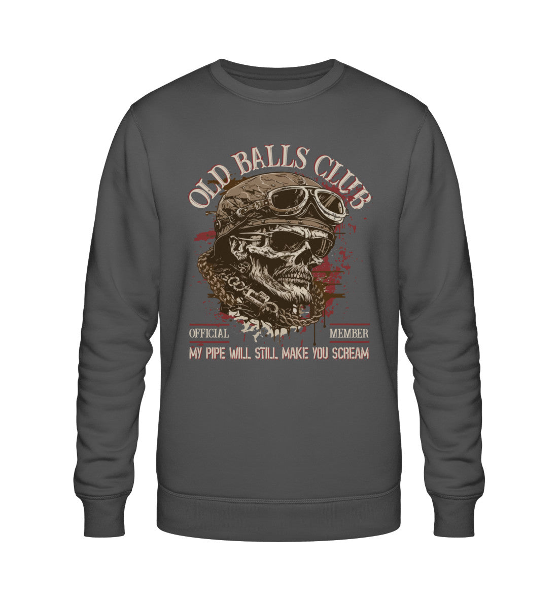 Ein Sweatshirt für Motorradfahrer von Wingbikers mit dem Aufdruck, Old Balls Club - My Pipe Will Still Make You Scream, in dunkelgrau.