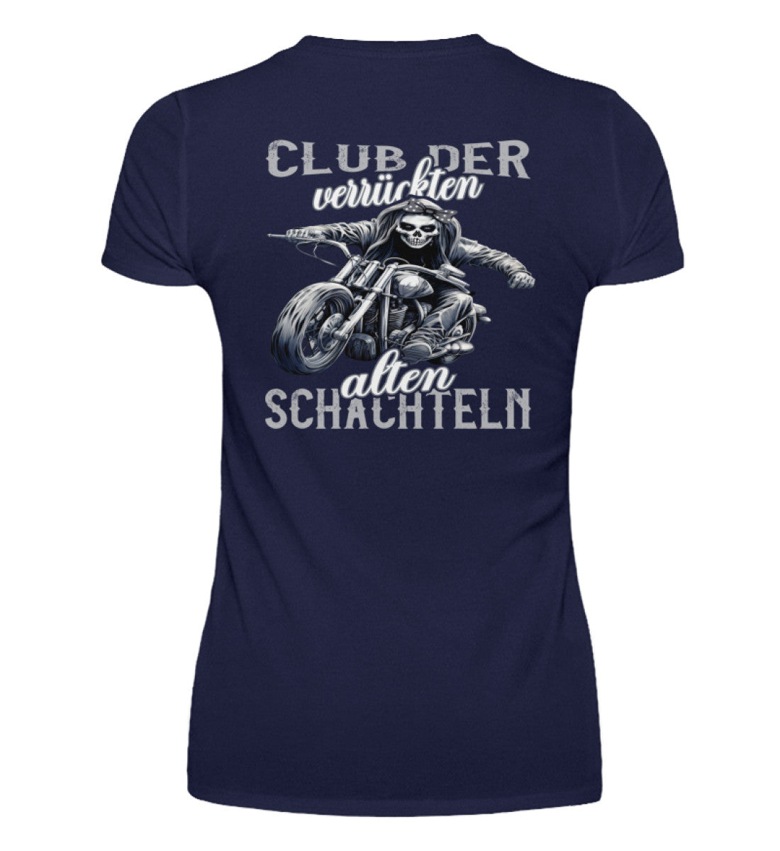 Ein Bikerin T-Shirt mit V-Ausschnitt für Motorradfahrerinnen von Wingbikers mit dem Aufdruck, Club der verrückten alten Schachteln - mit Back Print, in navy blau.