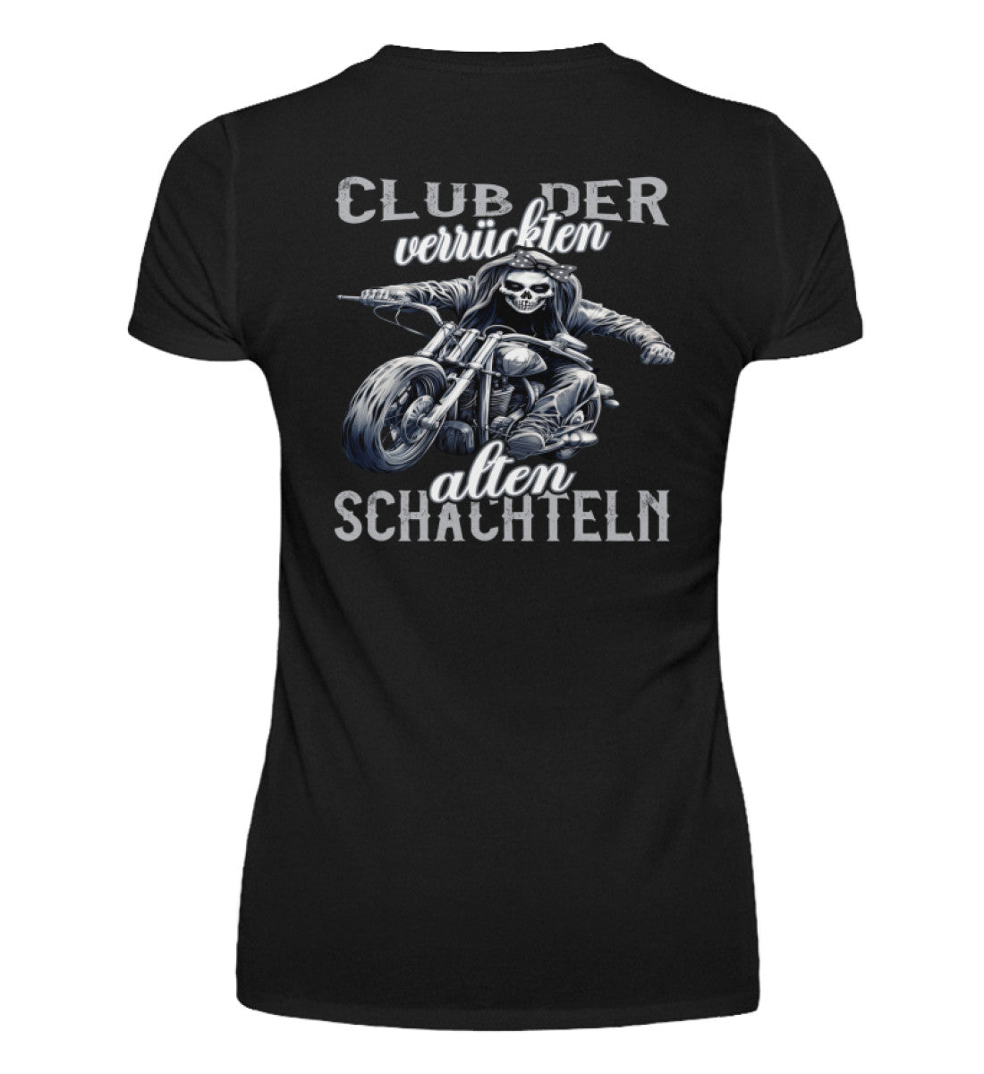 Ein Bikerin T-Shirt mit V-Ausschnitt für Motorradfahrerinnen von Wingbikers mit dem Aufdruck, Club der verrückten alten Schachteln - mit Back Print, in schwarz.