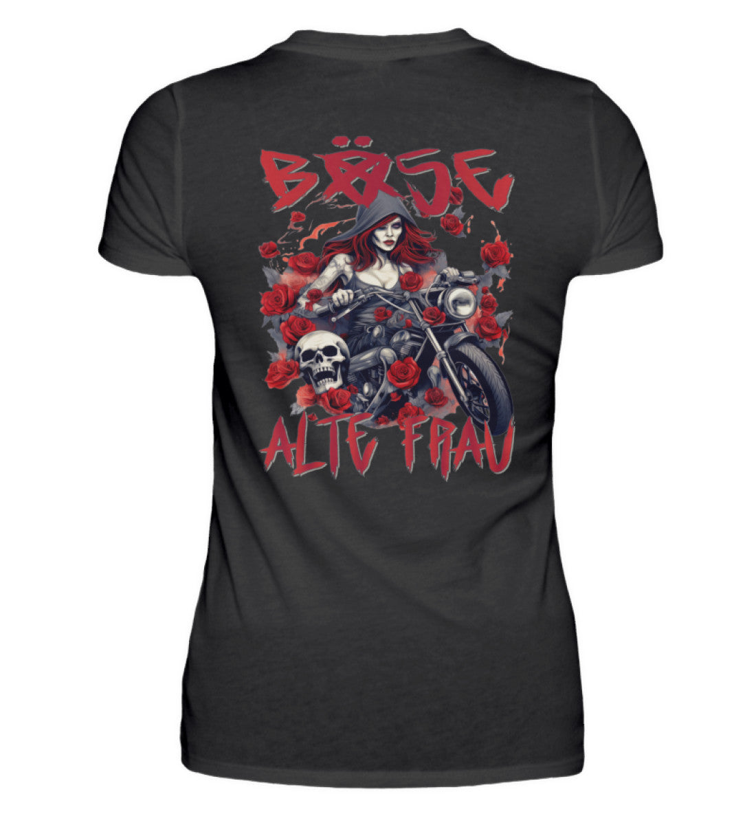 Ein Bikerin T-Shirt für Motorradfahrerinnen von Wingbikers mit dem Aufdruck, Böse Alte Frau, als Back Print, in schwarz.