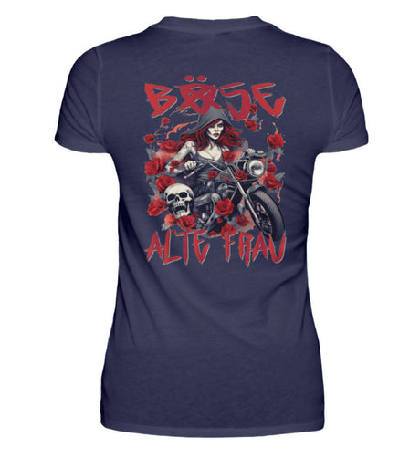 Ein Bikerin T-Shirt für Motorradfahrerinnen von Wingbikers mit dem Aufdruck, Böse Alte Frau, als Back Print, in navy blau.