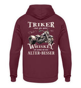 Ein Hoodie für Trike Fahrer von Wingbikers mit dem Aufdruck, Triker sind wie guter Whiskey - Wir werden mit dem Alter besser, als Back Print, in burgunder weinrot.