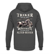 Ein Hoodie für Trike Fahrer von Wingbikers mit dem Aufdruck, Triker sind wie guter Whiskey - Wir werden mit dem Alter besser, als Back Print, in dunkelgrau.