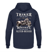 Ein Hoodie für Trike Fahrer von Wingbikers mit dem Aufdruck, Triker sind wie guter Whiskey - Wir werden mit dem Alter besser, als Back Print, in navy blau.